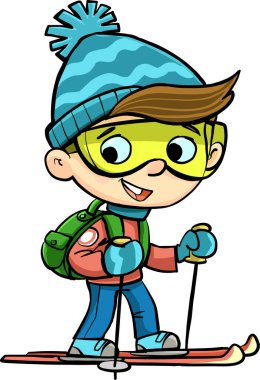 Kayak takımlı ve sırtında sırt çantası olan bir çocuk.