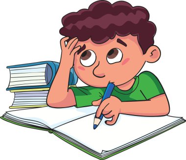 Küçük Arap çocuk bir görevi not defterine yazarken düşünür.
