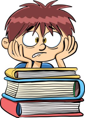 Çocuk okuyacak bir yığın kitap için endişeleniyor.