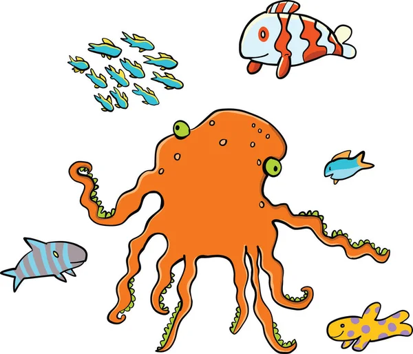 Vtipná Oranžová Chobotnice Barevné Ryby Kolem — Stockový vektor