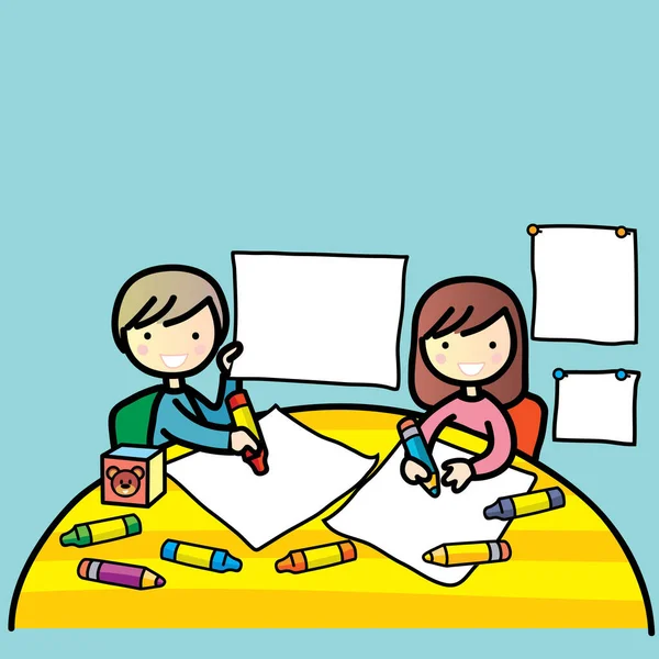 Niños y niñas en edad preescolar se sientan en la mesa y dibujan con lápices de colores — Vector de stock
