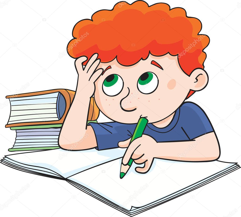 red-haired boy sits and thinks while writing a school assignment or test