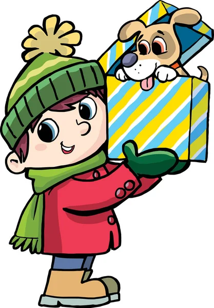 Αγόρι Κρατά Ένα Κουτί Δώρου Και Σκύλος Κρυφοκοιτάζει Έξω Από — Διανυσματικό Αρχείο