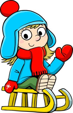 Kızaktaki kız karda kayıyor.