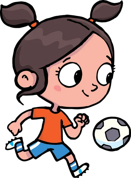 Girl Ponytails Successfully Leads Soccer Ball — стоковый вектор