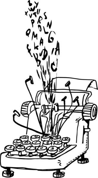 Black White Illustration Typewriter Machine Explosion — Stock vektor
