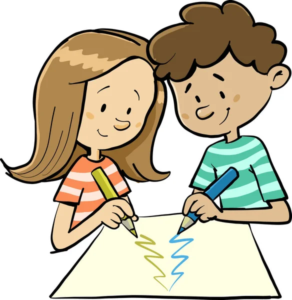 男孩和女孩在前面的纸上画了一棵圣诞树 — 图库矢量图片