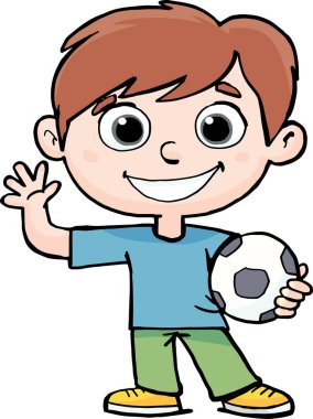 Futbol topuyla bize el sallayan neşeli çocuk.