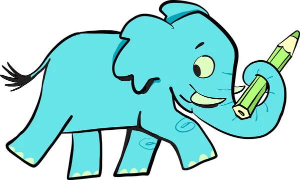 Blue Elephant Walk Carries Green Pencil Its Trunk — Stock vektor