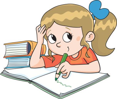 Saçında fiyonk olan kız okul için ödev yazıyor. Etrafı kitaplarla çevrili.