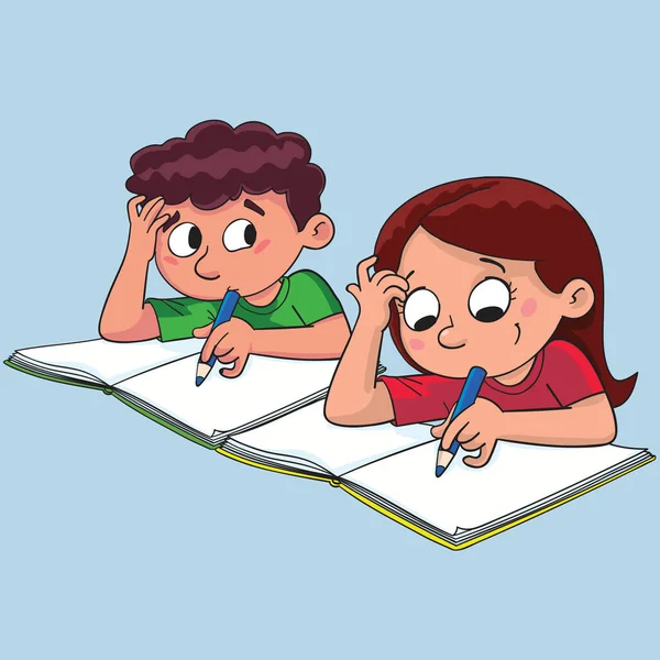 Chico Una Chica Escuela Escriben Cuaderno Clase — Vector de stock