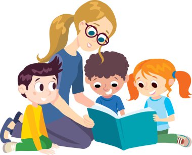 Three children are sitting around the kindergarten teacher