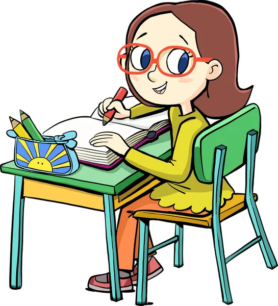 Chica Sienta Escritorio Escuela Escribe Cuaderno — Vector de stock