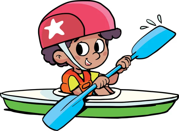 速い水の上のスポーツ用具のカヌーの少年パドル — ストックベクタ