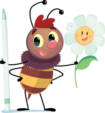 Elinde dijital bir kalem ve elinde neşeli bir çiçek tutuyordu.