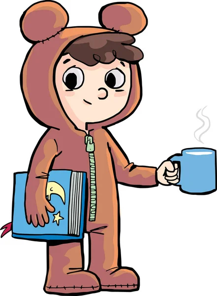 Fiú Egy Csésze Meleg Tejjel Egy Képeskönyvvel Készül Lefeküdni — Stock Vector