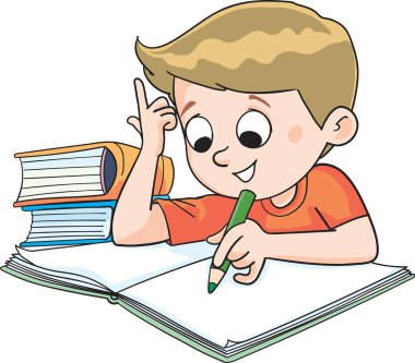 Saçında fiyonk olan kız okul için ödev yazıyor. Etrafı kitaplarla çevrili.