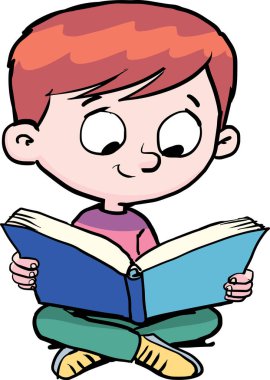 Çocuk yerde oturmuş kitap okuyor.