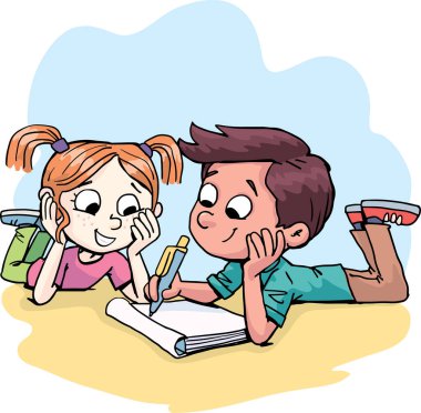 Kız ve oğlan mesajı yazıp bir deftere yazıyorlar.