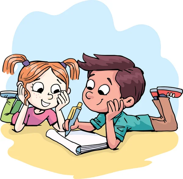 Kız ve oğlan mesajı yazıp bir deftere yazıyorlar.