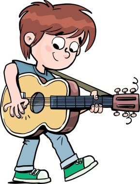 Çocuk neşeyle gitar çalar ve bir teli tetikler.