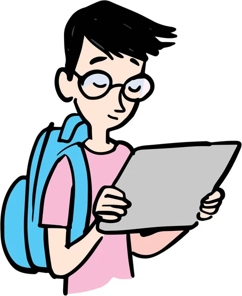 Estudante Asiático Com Óculos Olha Para Tablet — Vetor de Stock