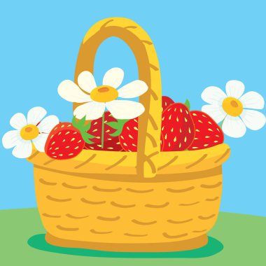 Çilekli sepet ve beyaz çiçekler.