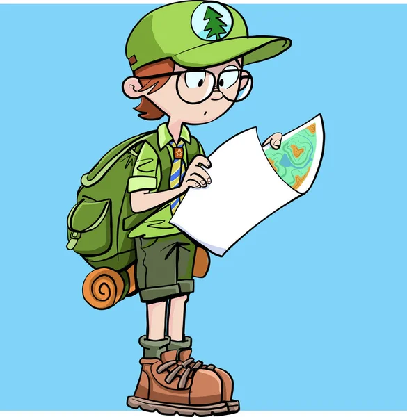 Boy Scout Con Una Mochila Espalda Mira Mapa Topográfico — Vector de stock