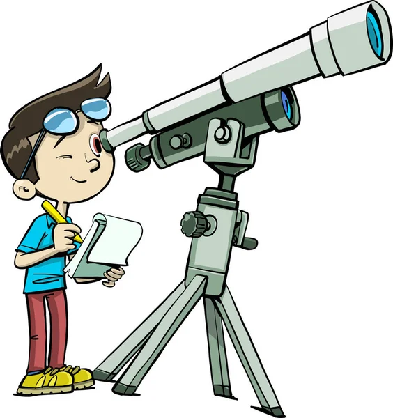 Niño Mira Través Telescopio Estudia Cosmos Escribiendo Cuaderno — Vector de stock