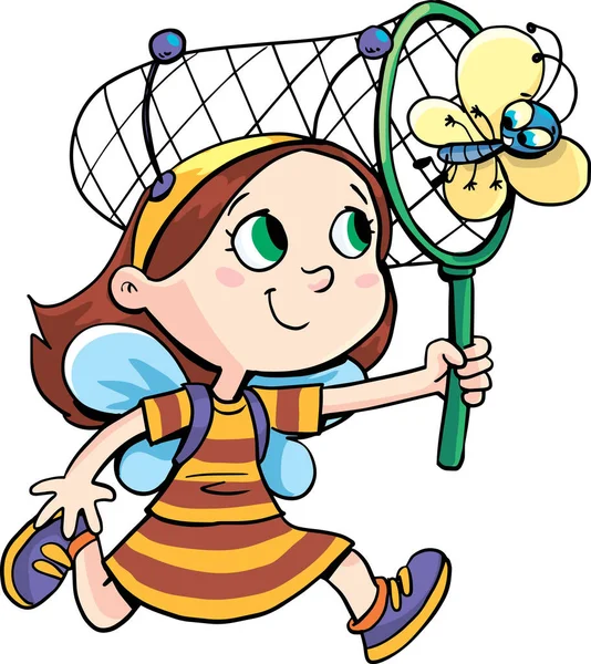 Girl Bee Costume Catches Butterfly Net — 스톡 벡터