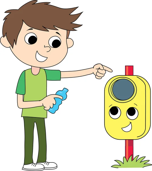 Boy Puts Plastic Bottle Waste Container — 스톡 벡터