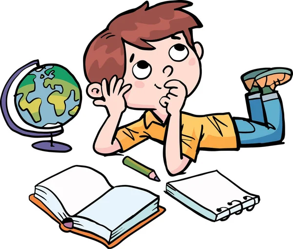  boy is dreaming with a book, a notebook and a globe