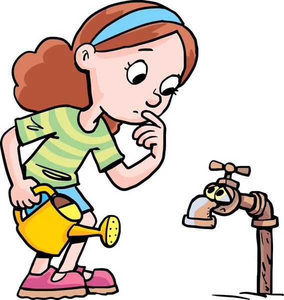 Girl Bucket Her Hand Next Faucet Has Water — Wektor stockowy