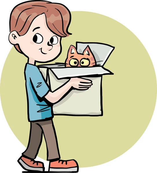 Αγόρι Κουβαλάει Μια Γάτα Ένα Κουτί — Διανυσματικό Αρχείο