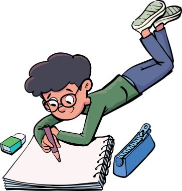 Middle Eastern boy draws or writes in a large drawing pad