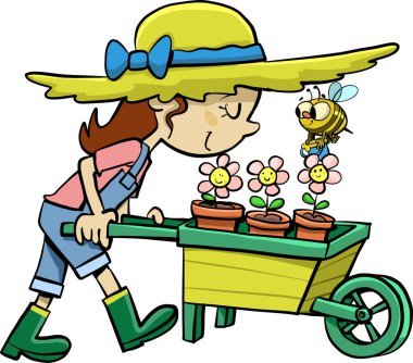 gardener with a wheelbarrow and pots of flowers