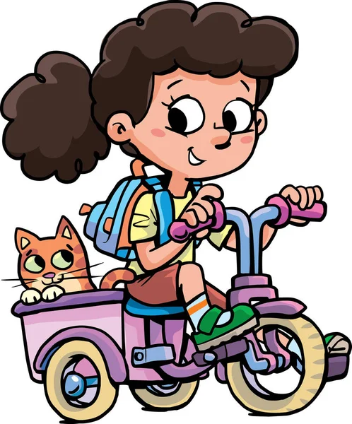 Menina Monta Triciclo Com Gato Trailer —  Vetores de Stock