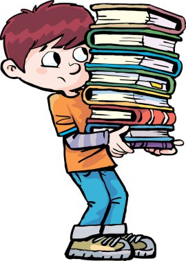 Çocuk elinde bir yığın kitap tutuyor.