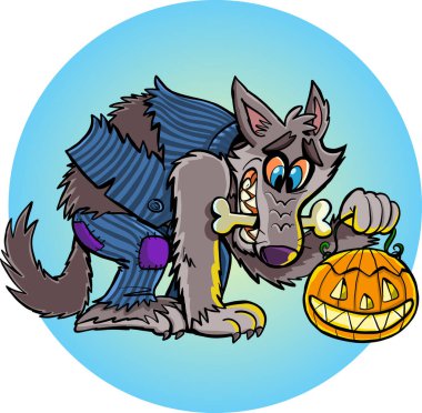 Komik kurt adam Cadılar Bayramı için balkabağı lambası tutuyor.