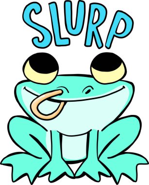 Küçük kurbağa dilini burnuna sokuyor.