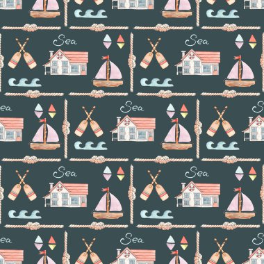 Denizcilik unsurları ile kusursuz desen. Paket kağıdı, kumaş, kart, duvar kağıdı ve ambalaj için doku. Suluboya çizimleri.