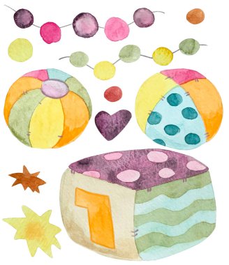 Çocuk oyuncaklarıyla suluboya seti. Tasarımınız için elle çizilmiş ögeler koleksiyonu.