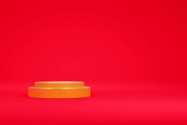 Kırmızı arka planda altın podyum 3D görüntüleme. Altın ürünleri göster.