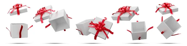 Біла Подарункова Коробка Червоною Стрічкою Рендеринга Білому Тлі Відсічним Контуром — стокове фото