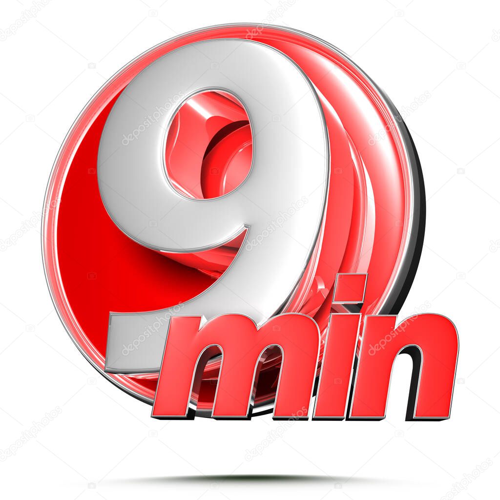 Timer sign 9 min 3D illustration on white background with clipping path.
