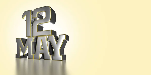 MAY 12 nd. Day 12 of May month stainless steel gold rim 3D illustration on light cream color background with clipping path.Empty space for text.