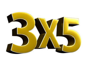 Beyaz arkaplanda kesme yolu ile 3x5 numaralı Altın 3D resim. Ürün sayısını gösteren işaretler. İlkokul çocukları için öğretmenlik.