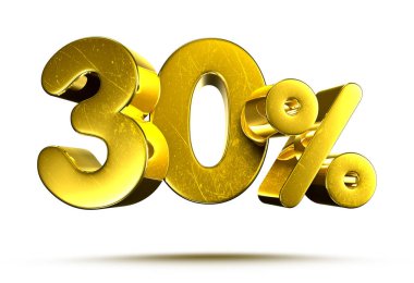 30 percent Gold 3D illustration on white background have work path.
