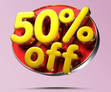 50% off red circle with golden numbers 3D illustration on light pinkhave work path.
