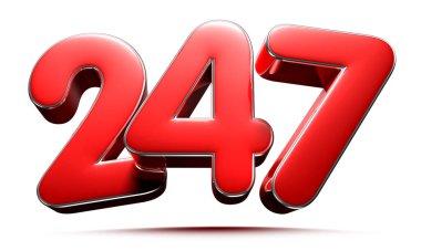 Beyaz arkaplandaki yuvarlak kırmızı 247 3D resimde çalışma yolu var. Reklam tabelaları. Ürün tasarımı. Ürün satışları.
